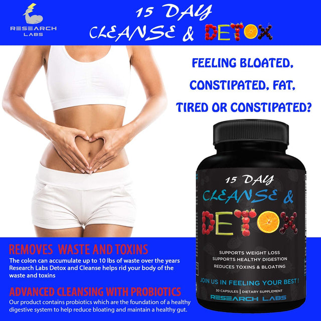 15 Day Colon Cleanse & Detox for Less Bloat Flat Tummy W/Probiotics - 2 Fer 1 - Constipation Relief - Flushes Toxins, Boosts Energy. Clinically Researched Safe and Effective Formula