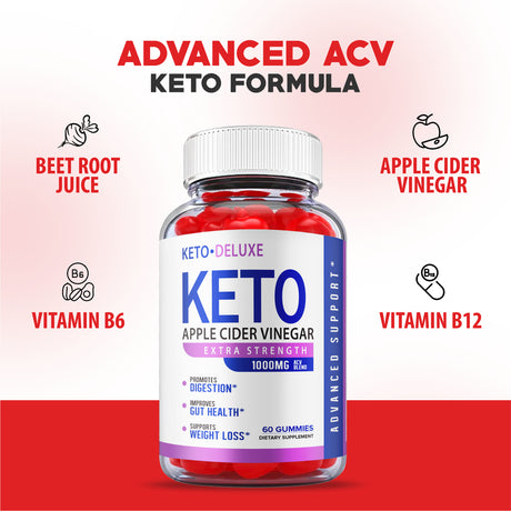 Keto ACV Deluxe Gummies - Official Formula, Vegan - Keto Deluxe Gummies, Keto Deluxe ACV Gummies, Keto Delux Gummy Apple Cider Vinegar Weight Shark Loss, Vitamin B12, Beet Root Juice (60 Gummies)