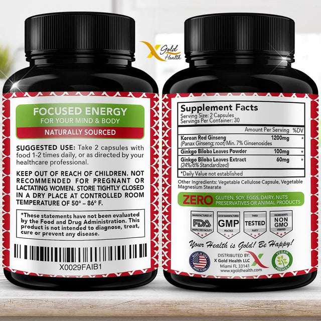 Korean Red Panax Ginseng 1200Mg + Ginkgo Biloba - Extra Strength Root Extract Powder Supplement W/High Ginsenosides Vegan Capsules for Energy, Performance & Focus Pills for Men & Women