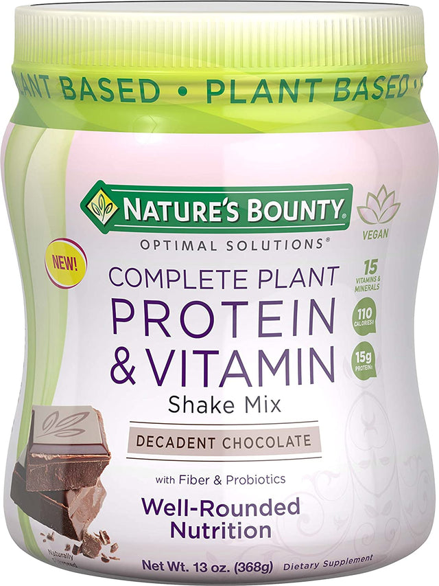 Complete Plant Protein & Vitamin Shake Mix by Nature'S Bounty Optimal Solutions, with Fiber and Probiotics, Plant Based, Decadent Chocolate, 13 Oz