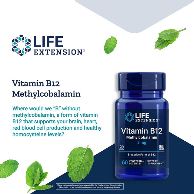 Life Extension Vitamin B12 Methylcobalamin 5 Mg - Support Healthy Homocysteine Levels, Brain Health & Cognition - 60 Vegetarian Lozenges