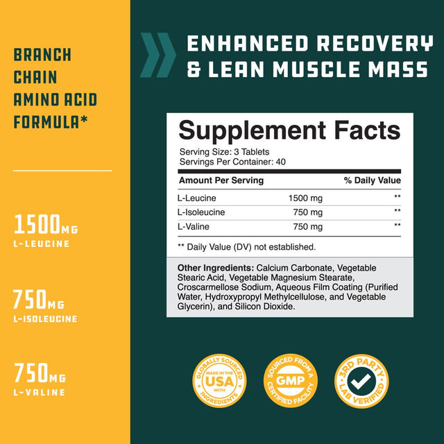 Natures Craft-Branch Chain Amino Acids Supplement - Vegan BCAA Tablets Post Workout Muscle Recovery and Muscle Growth Support for Men and Women 120 Count