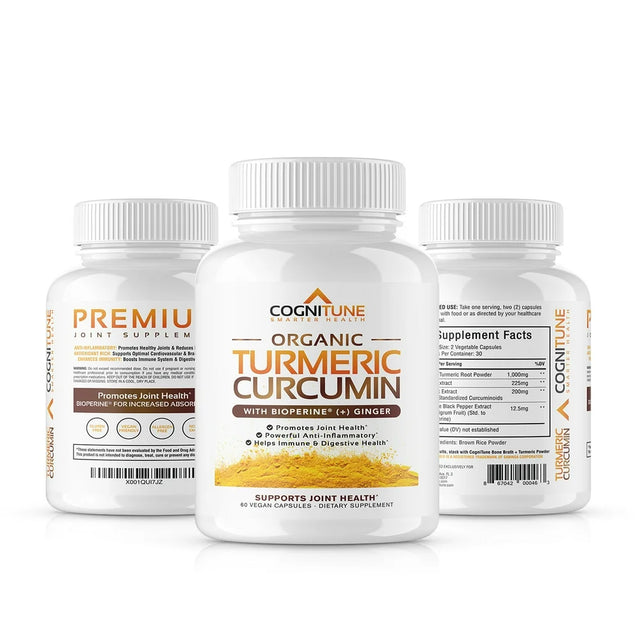 Cognitune Organic Turmeric Curcumin (95% Curcuminoids), Ginger & Bioperine, Potent Antioxidant, Joint Health Support, Dietary Supplements - 1425Mg