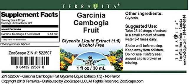 Terravita Garcinia Cambogia Fruit Glycerite Liquid Extract (1:5) - No Flavor (1 Oz, ZIN: 522507)