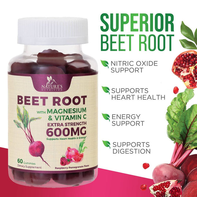 Nature'S Nutrition Beet Chews Gummies with Beetroot - Energy & Heart Health Support, Natural Nitric Oxide Production Support, Superfood Beets Soft Chews Gummy Supplement - 60 Count Beet Root Gummies