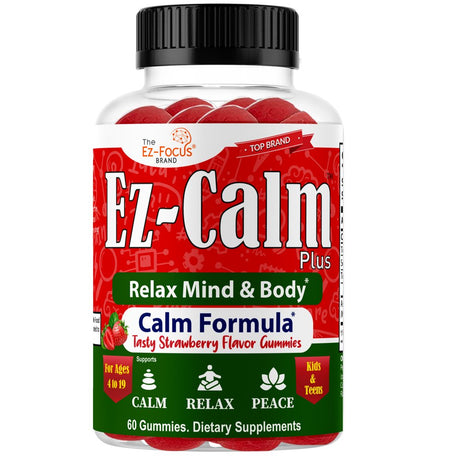 Ez-Calm Ashwagandha Root Gummies for Kids & Teens, Support Calm Mood and Focus, Sleep, anti Stress, Memory, Energy, Relaxation, Low Sugar Vegan Ashwagandha Gummies Strawberry Flavored- 60 Gummies