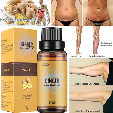 Ginger Essential Oil for Lymphatic Drainage Massage, Weight Loss and Swelling Pain, Pure Natural Belly Drainage Ginger Oil anti Cellulite Massage Ginger Oil, 30Ml