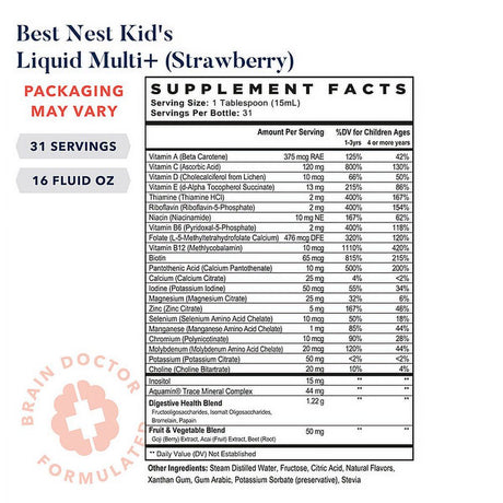 Best Nest Wellness Kids Liquid Multi+, Liquid Multivitamin, Immune Support, Strawberry, 16 Oz