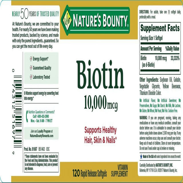 Nature'S Bounty Biotin Supplement, Supports Healthy Hair, Skin, and Nails, 10000Mcg, 120 Softgels