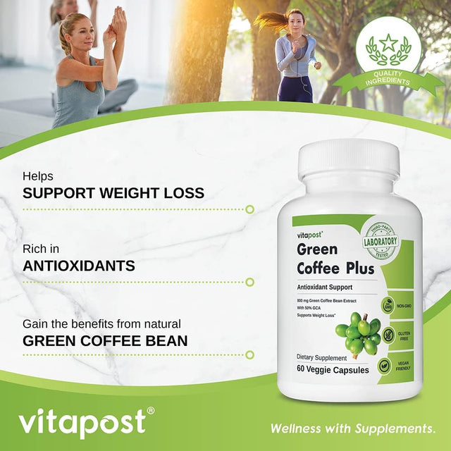 Green Coffee plus Premium Green Coffee Bean Extract. Supports Weight Loss, Rich in Antioxidants. Non-Gmo, Vegan & Gluten Free. 60 Capsules