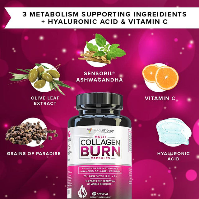 Multi Collagen Burn Pills for Weight Loss - Hydrolyzed Collagen Peptides with Cellulite Smoothing Support for Women - Vitamin C, Hyaluronic Acid & Protein 90 Capsules