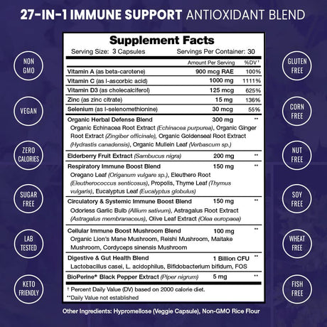 Nutrachamps Immune Boost Support Supplement [Elderberry Extract, Vitamin C, Zinc, Echinacea, Mushrooms & Probiotics] Powerful Multi System Defense Booster Pills | 90 Veggie Capsules