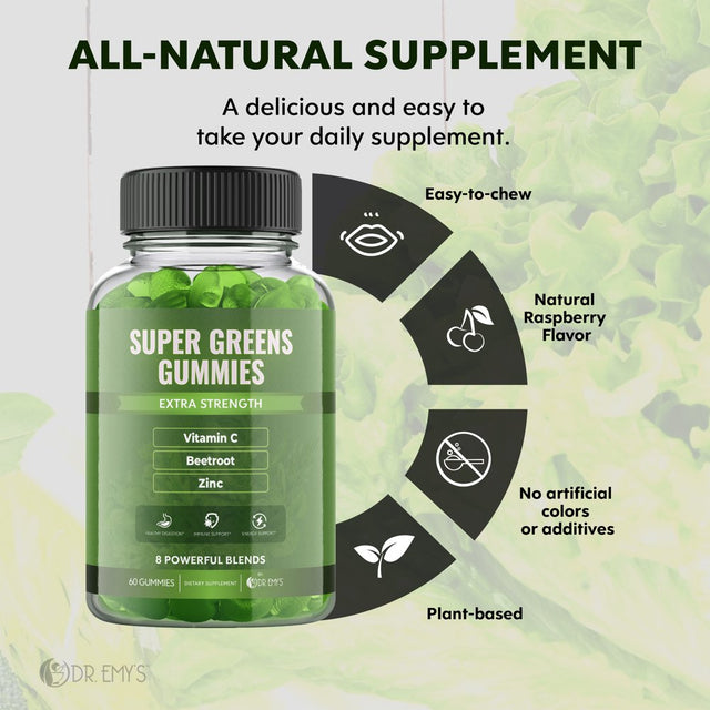 Dr. Emy'S Super Greens Gummies 8 Powerful Blends Support Healthy Digestion & Immune Support Gummy Supplement Super Food for Kids & Adults Vegan Natural Rasberry Flavor Daily Vitamin 60 Ct Each