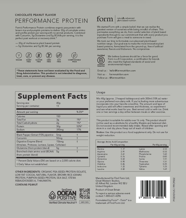 Form Performance Protein - Vegan Protein Powder - 30G of Plant Based Protein per Serving, with Bcaas. Perfect Post Workout. Tastes Great with Just Water! (Chocolate Peanut)