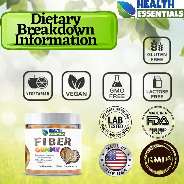 Fiber Gummy, 60 Gummies, Excellent Source of Fiber, Supports Digestion & Regularity, Vegetarian, Vegan, Non-Dairy, Gluten-Free, Non-Gmo, Made in America