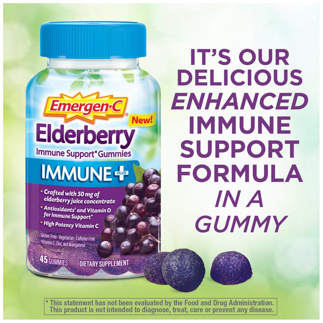 Emergen-C Immune plus Multivitamin Gummies, Dietary Supplement, Elderberry, 45 Ct