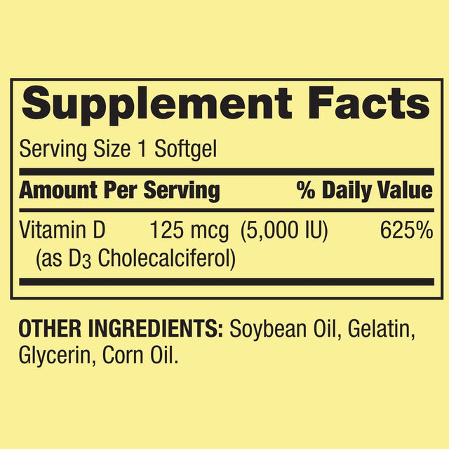 Spring Valley Vitamin D3 Softgels, 125 Mcg per Softgel, 5,000 IU, 400 Count