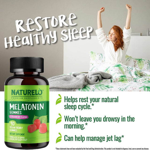 NATURELO Melatonin Gummies – Non-Gmo, Gluten-Free, Soy Free - Strawberry Flavor - Gentle Sleep Supplement - 90 Vegetarian Gummies