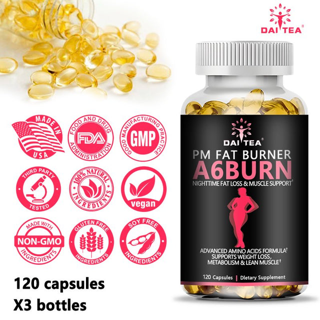 A6Burn,Nighttime Fat Burner, Appetite Suppressant, Lean Muscle Support, Metabolism Booster Diet Supplement-60Capsules