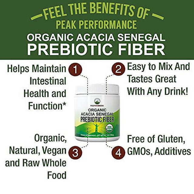 Organic Acacia Senegal Prebiotic Fiber Powder. USDA Organic Plant Based Vegan Prebiotics Supplement for Gut, Blood Sugar Control. with Digestive Enzymes for Digestion, Roughage without Bloating, Gas