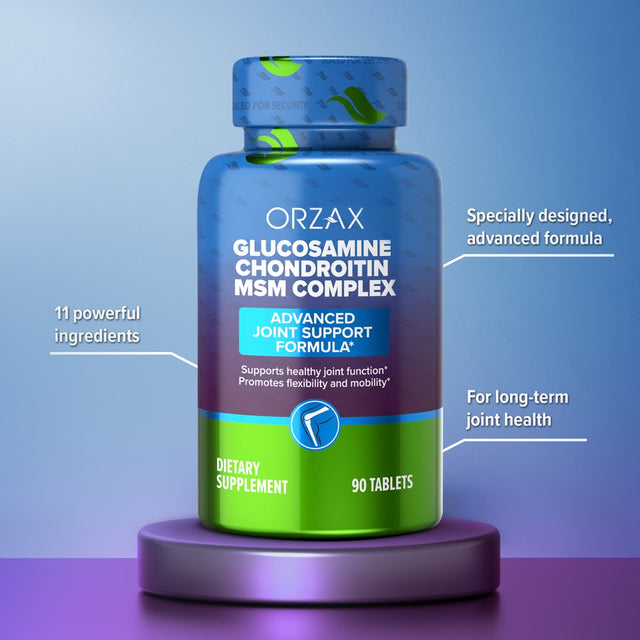 ORZAX All-In-One Joint Support Supplement with Glucosamine Chondroitin MSM - Turmeric, Collagen, Bromelain & Boswellia Extract Capsules, Function & Comfort - 90 Tablets