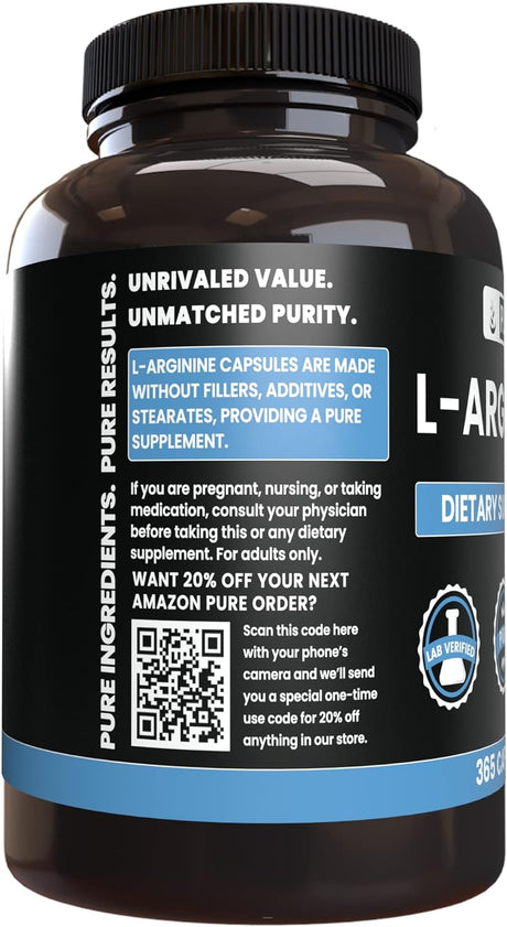 Pure Original Ingredients L-Arginine (365 Capsules) No Magnesium or Rice Fillers, Always Pure, Lab Verified