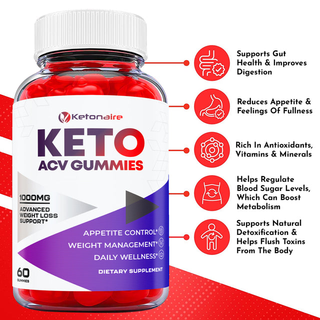 (1 Pack) Ketonaire Keto ACV Gummies - Supplement for Weight Loss - Energy & Focus Boosting Dietary Supplements for Weight Management & Metabolism - Fat Burn - 60 Gummies