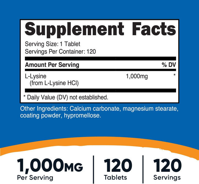 Nutricost L-Lysine 1000Mg, 120 Tablets - Gluten Free, Non-Gmo, and Vegetarian Friendly