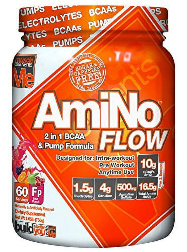 Muscle Elements Amino Flow, Multi-Purpose BCAA & Nitric Oxide Booster for Muscle Fullness, Endurance and Protein Synthesis, Fruit Punch, 60 Serving