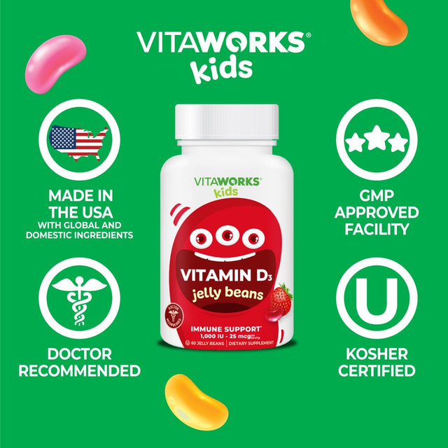 Vitaworks Kids Vitamin D 1000 IU Jelly Beans, Dietary Supplement for Immune Support, 60 Jellies