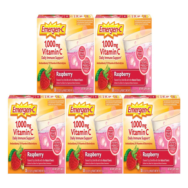 Emergen-C Raspberry Vitamin C Drink Mix - for Immune Support - Fruit, Raspberry - 1 / Each | Bundle of 5 Each