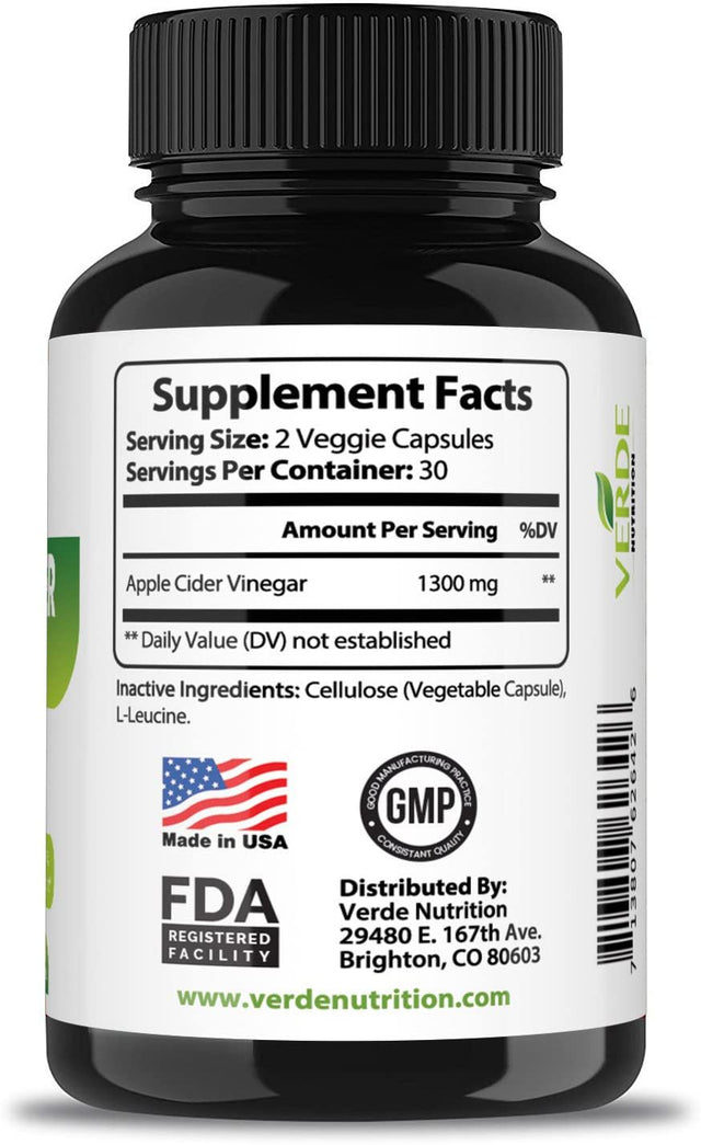 Verde Nutrition Apple Cider Vinegar Capsules 60 Potent 500Mg Colon Cleanser| Non-Gmo, Tasteless Appetite Suppressant | Natural Detox Cleanse for Weight Loss Pills, Digestive, Immune & Energy Boosting