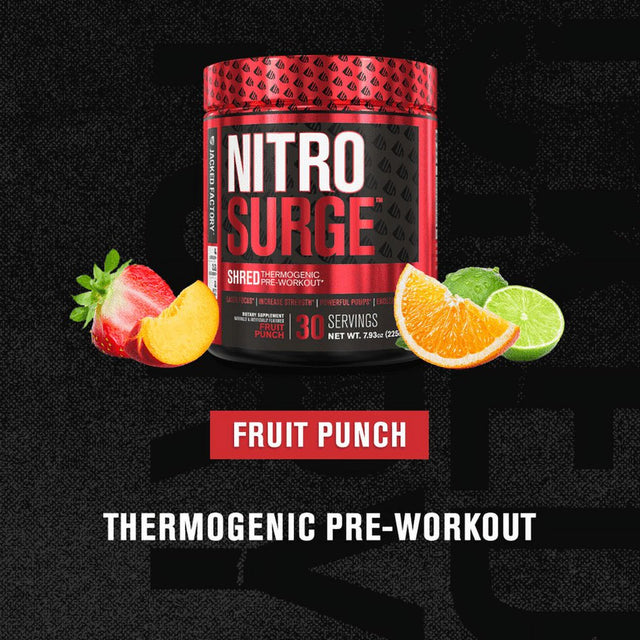 Nitrosurge Shred Pre Workout Supplement - Energy Booster, Instant Strength Gains, Sharp Focus, Powerful Pumps - Nitric Oxide Booster & Preworkout Powder - 30Sv, Fruit Punch