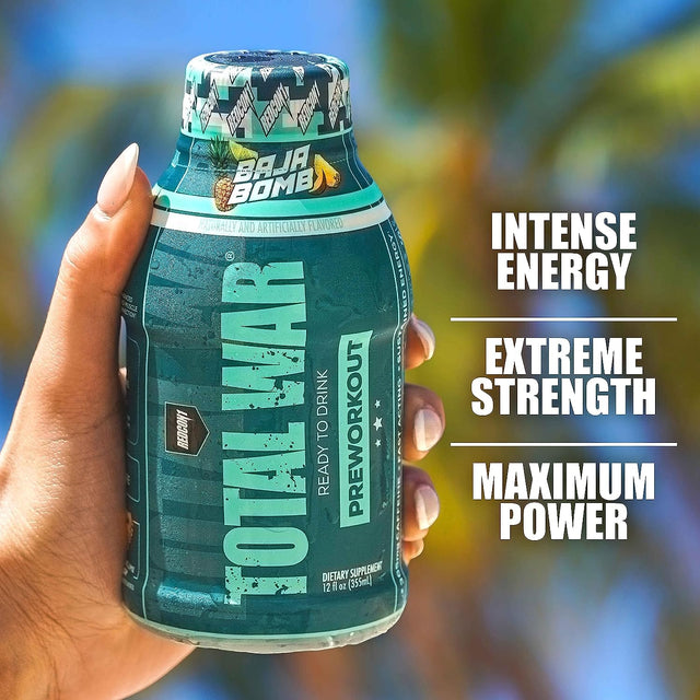 REDCON1 Total War Ready to Drink Preworkout, Blue Raspberry - 350Mg of Fast Acting RTD Caffeine - Beta Alanine + Citrulline Malate for Increased Pump - Keto Friendly Workout Drink (12 Servings)