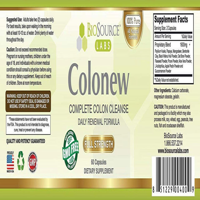 Biosource Labs Colonew Complete Colon Cleanse Natural Detox Supplement for Daily Digestive Health, Renewal Formula (60 Capsules)