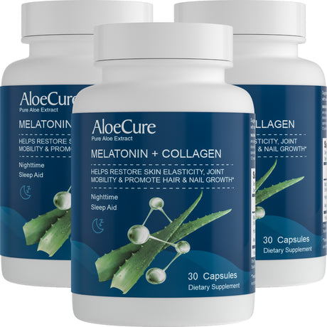 Aloecure Melatonin + Collagen, Natural Sleep Aid, for Men & Women, Natural Glow, Restores Skin Elasticity, Joint Mobility, Promotes Hair, Nail Growth, 3 Month Supply