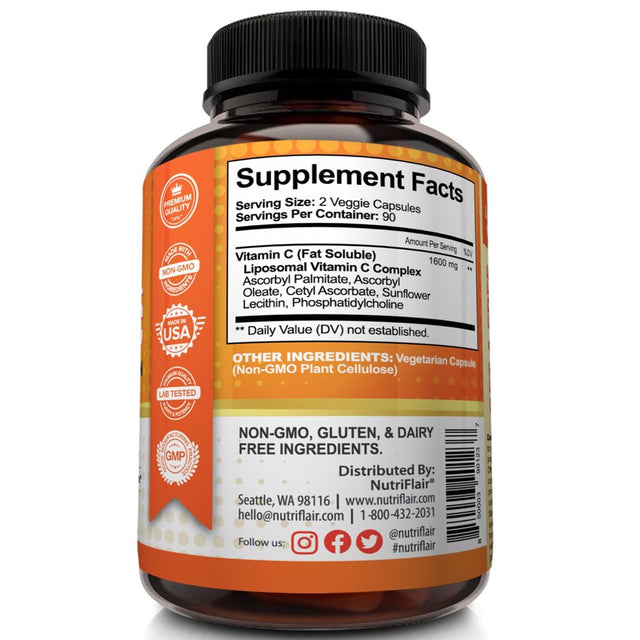 Nutriflair Liposomal Vitamin C 1600Mg, 180 Capsules - High Absorption, Fat Soluble VIT C, Antioxidant Supplement, Higher Bioavailability Immune System Support & Collagen Booster, Non-Gmo, Vegan Pills