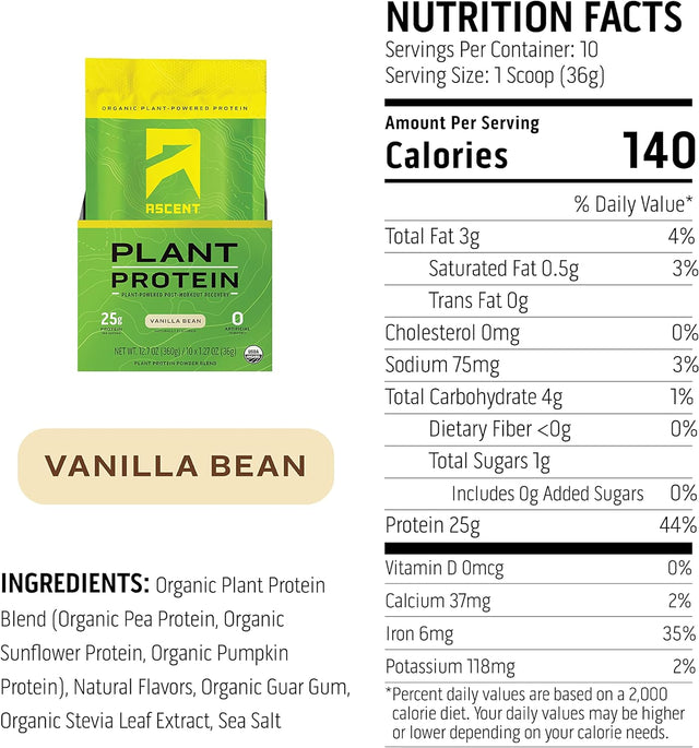 Ascent Organic Plant Based Protein Powder - Vanilla - 10 Single Servings