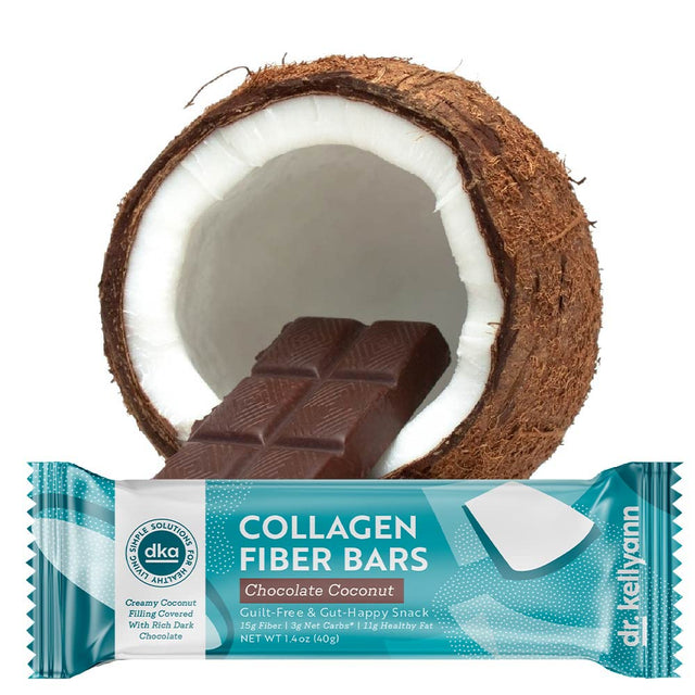 Dr. Kellyann Keto Collagen Fiber Bar - High Fiber, Low Carbs - Gluten Free, Non-Gmo & No Artificial Sweeteners - Perfect Keto & Paleo Snack with Creamy Coconut Dipped in Dark Chocolate (12 Bars)