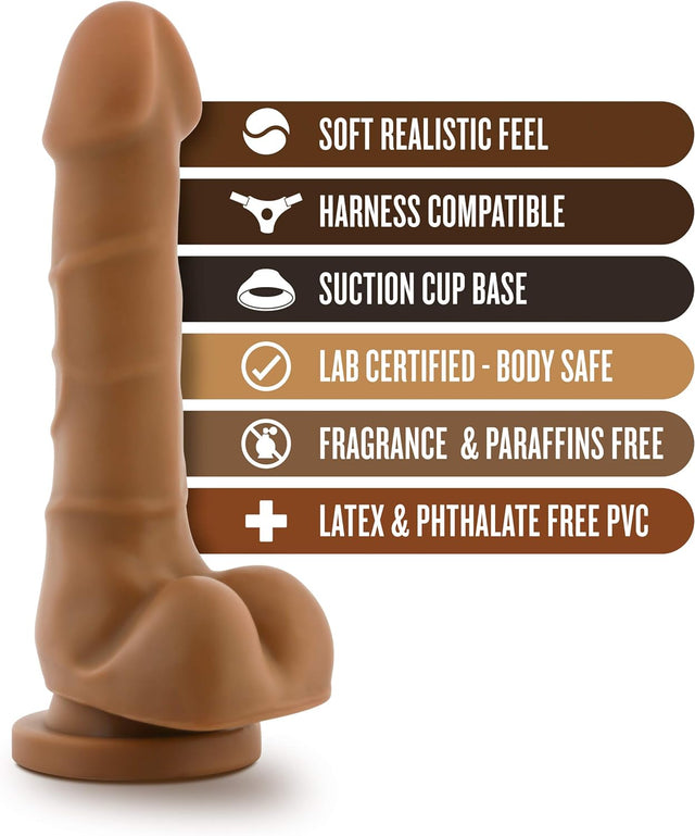 Blush Dr. Skin 7 3/4 Inch Soft Slim Shaft Beginners Fragrance Free Realistic Basic 7 Dildo with Prominent Head - Suction Cup Harness Compatible Adult Toys - Sex Toy for Women Men Couples - Mocha