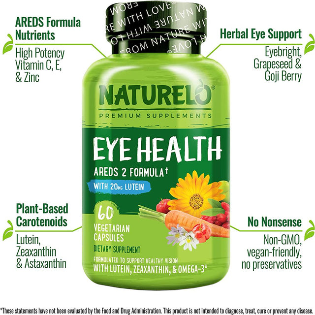 NATURELO Eye Vitamins - AREDS 2 Formula Nutrients with Lutein, Zeaxanthin, Vitamin C, E, Zinc, Pl DHA - Supplement for Dry Eyes, Healthy Vision, Eye Support - 60 Vegan Capsules