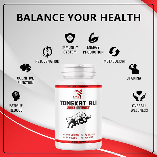 Tongkat Ali 200:1 as Long Jack Extract (Eurycoma Longifolia), 1000Mg per Serving, 60 Veggie Capsules, Supports Energy, Stamina and Immune System for Men and Women, Indonesia Origin, Non-Gmo