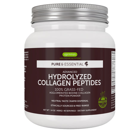 Igennus Advanced Hydrolyzed Collagen Peptides, 100% Grass Fed Bovine Collagen Protein Powder, Easy Mix, 40 Servings