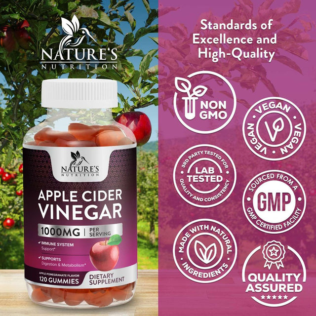 Nature'S Nutrition Apple Vinegar Gummy for Weight Loss 1000Mg - Vegan Apple Cider Vinegar Gummies for Detox & Cleanse, ACV Supplement Pills, Vitamin B12, Beetroot & Pomegranate, Non-Gmo - 120 Gummies