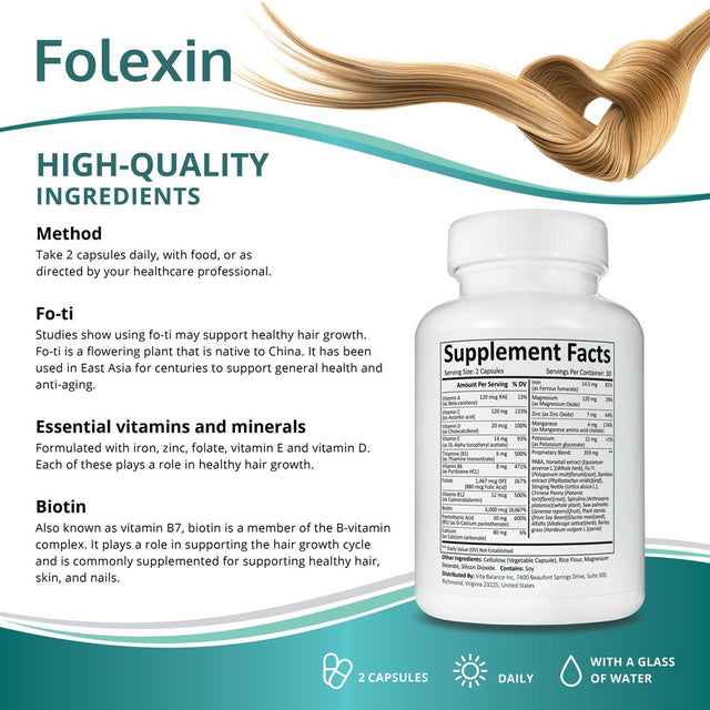 Folexin Natural Hair Growth Support Supplement with Biotin - 60 Capsules