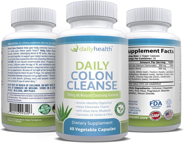 Daily Colon Cleanse 700Mg All Natural 10 Herbs, Vegan Friendly 180 Capsules Fiber, Alfalfa, Aloe Vera, Rhubarb, Gentian, Buckthorn, Goldenseal, Lactobacillus Acidophilus