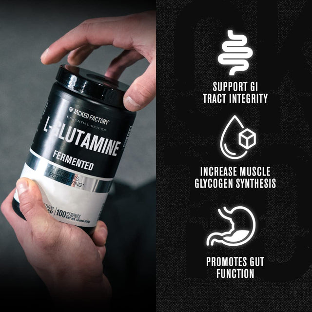 Jacked Factory L-Glutamine Powder 100 Servings - Vegan Fermented L Glutamine Supplement for Post Workout Muscle Recovery, Immunity, Digestive Health | No Artificial Filler - Unflavored