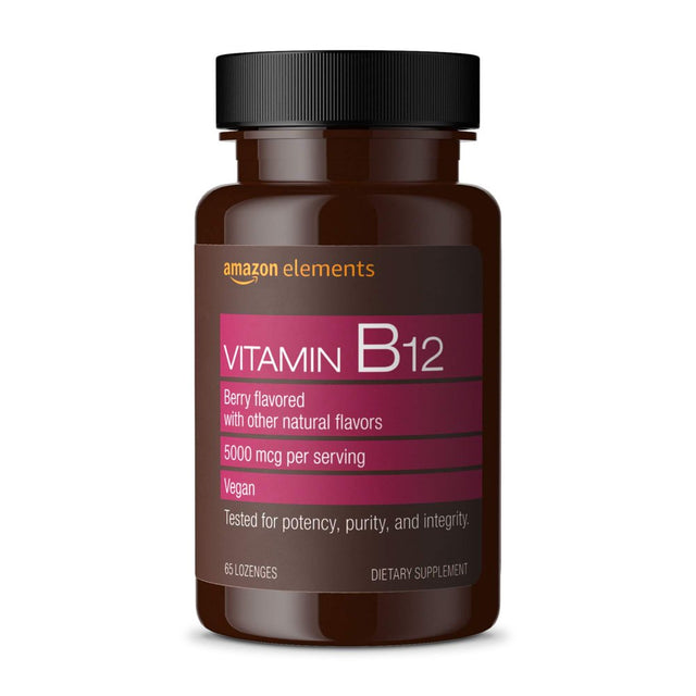 Amazon Elements Vitamin B12 Methylcobalamin 5000 Mcg - Normal Energy Production and Metabolism, Immune System Support - 2 Month Supply (65 Berry Flavored Lozenges)