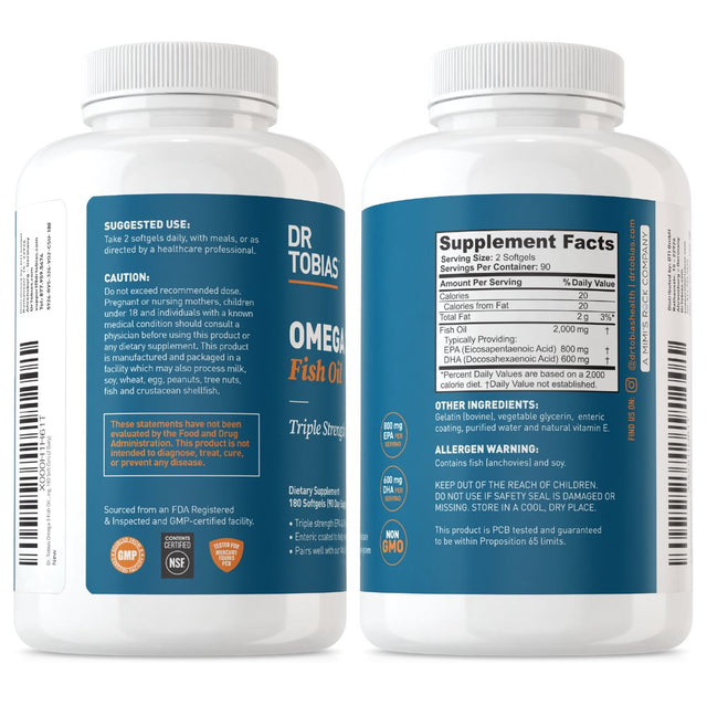 Dr. Tobias Omega 3 Fish Oil, 800 Mg EPA 600 Mg DHA Omega 3 Supplement for Heart, Brain & Immune Support, Absorbable Triple Strength Fish Oil Supplements - 2000 Mg per Serving, 90 Servings