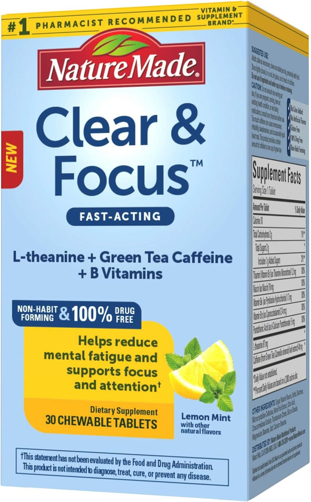 Nature Made Clear & Focus, L-Theanine and Low-Dose Green Tea Caffeine, Helps Reduce Mental Fatigue and Supports Focus, Five B Vitamins for Cellular Energy Support, Lemon Mint, 30 Chewable Tablets